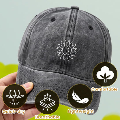 Plam Trees Hats Embroidered Washed Cotton Baseball Cap for Men Women Distressed Black Snapback Baseball Hat Adjustable - color: Sun