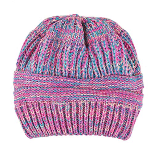 Women Ponytail Beanie 2-Pack, Thick Thermal Soft Acrylic Winter Skull Cap - color: D & F