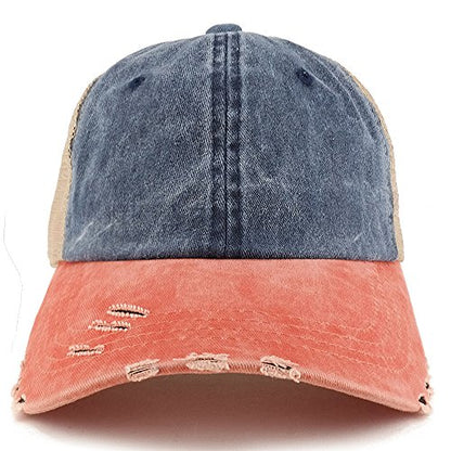 Trendy Apparel Shop Pigment Dyed Front Mesh Back Frayed Bill Trucker Cap - color: Navy Orange