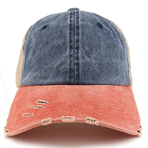 Trendy Apparel Shop Pigment Dyed Front Mesh Back Frayed Bill Trucker Cap - color: Navy Orange