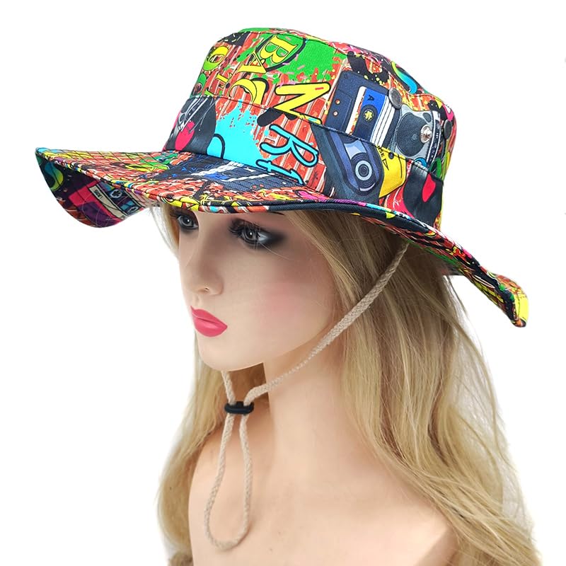 Sun Bucket Hat for Men Women Fishing Beach Safari Trendy Cotton Cowboy Cap for Golf Hiking Hunting Outdoor Boonie - color: 90s Graffiti