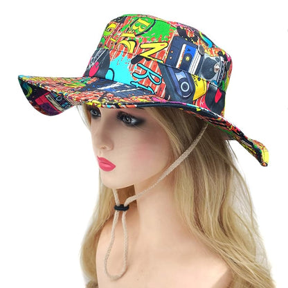 Sun Bucket Hat for Men Women Fishing Beach Safari Trendy Cotton Cowboy Cap for Golf Hiking Hunting Outdoor Boonie - color: 90s Graffiti