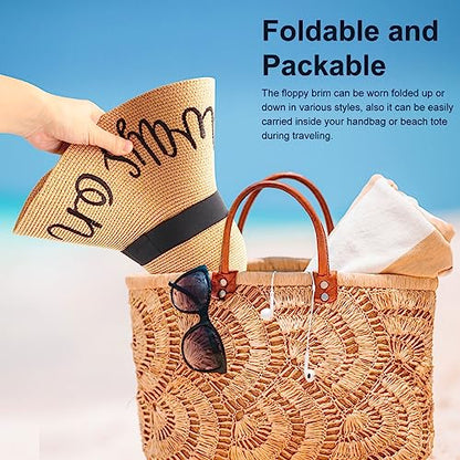 DRESHOW Big Straw Sun Hats for Women Floppy Foldable Roll up Beach Cap Sun Hat UPF 50+ Vacation Honeymoon Embroidered Hat - color: Ae Always on Vacay: Khakiv