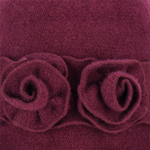 Womens Gatsby 1920s Winter Wool Cap Beret Beanie Crochet Bucket Flower Hat A285 - color: Wine