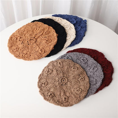 yolrdiw Cotton Crochet Beanie Handmade Floral Beret Beach Travel Boho Hat - color: Beige