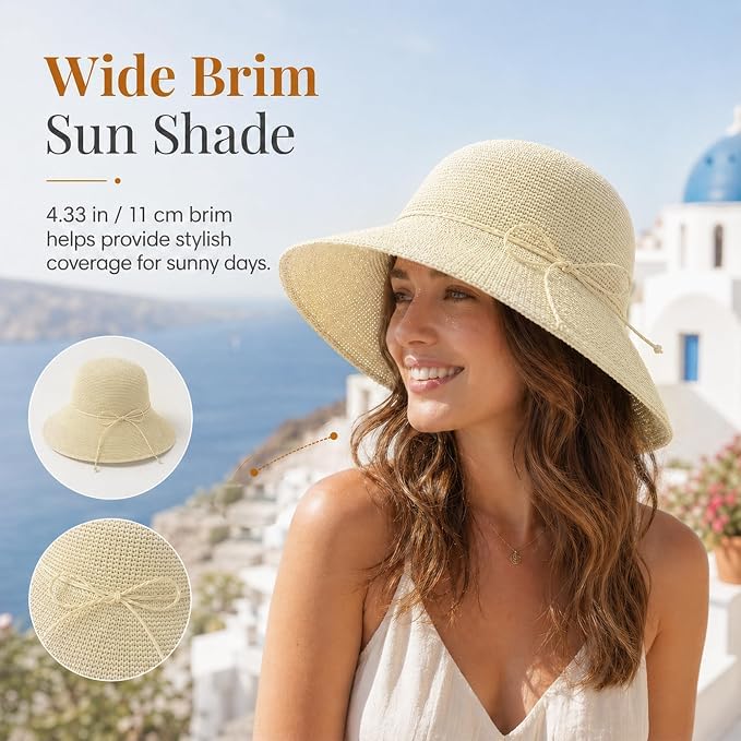 Beach Sun Hats for Women Foldable Straw Bucket Summer Hat Packable Travel - color: Beige