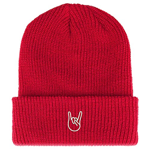 Trendy Apparel Shop Rock On Embroidered Ribbed Cuffed Knit Beanie - color: Red