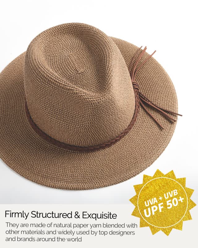 FURTALK Womens Wide Brim Sun Hat Beach Panama Fedora Straw Summer - color: Coffee Brown, size: Large-X-Large