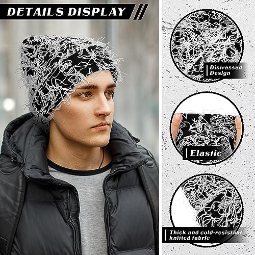 Chuarry Distressed Knitted Beanie Fuzzy Winter Hat - color: Black and White