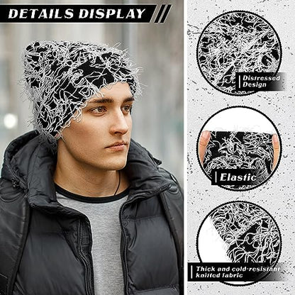 Chuarry Distressed Knitted Beanie Fuzzy Winter Hat - color: Black and White