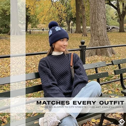 Funky Junque Beanie for Women Ultra Soft Chenille Faux Fur Pom Pom Winter Hats Warm Ski Cap Fashion - color: Daisy - Navy