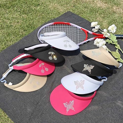Sun Visors Hats Women Rhinestone Butterfly Wide Brim Hat Adjustable Golf Tennis Beach Sports Caps - color: Butterfly-rose Red