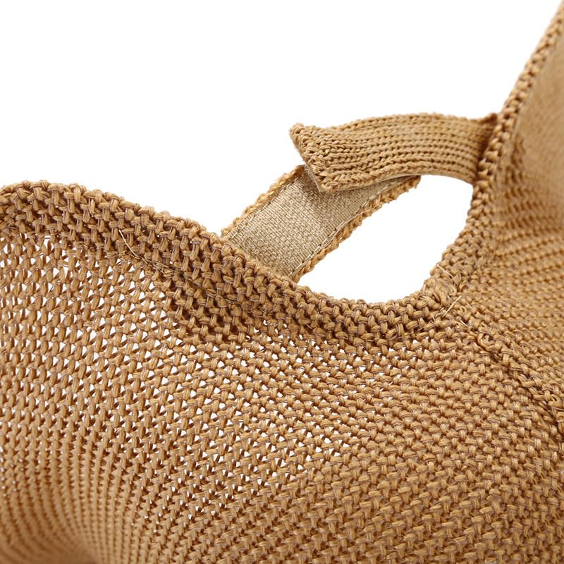 Women's French Crochet Sun Hat Floppy-Brim Straw-Bonnet-Cap Ponytail-Beach-Hats Hook-Loop-Fastener