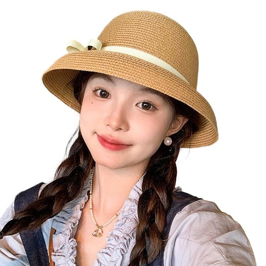 Sun Hats for Women Summer Beach Hat for Women with UV Sun Protection Large Straw Hats for Women with Strap - color: Khaki+smallbrimbowknot