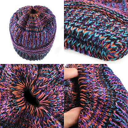 Women Ponytail Beanie 2-Pack, Thick Thermal Soft Acrylic Winter Skull Cap - color: A & C