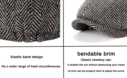Men's Wool Newsboy Cap 8-Panel Tweed Taxi Hat Herringbone Gatsby Flat Hats - color: Dark Gray