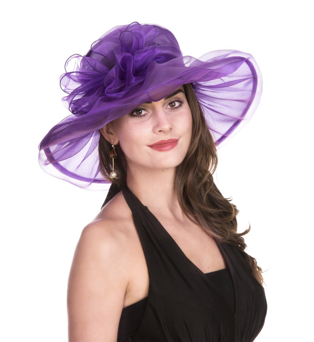 Haojing Women's Organza Church British Fascinator Bridal Tea Party Wedding Hat Summer Ruffles Cap - color: Hj-purple Bowknot