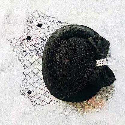 Fascinators Hats Pillbox Hat for Girl and Women - color: Black-fascinator With Bowknot Veil