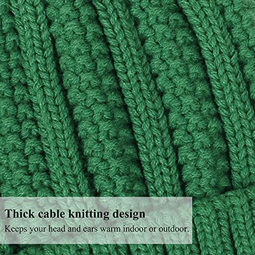 Muryobao Womens Satin Lined Beanie Hat with Faux Fur Pom Cuffed Winter Warm Knit Skull Cap - color: Green
