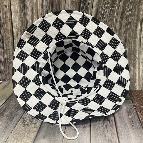 Funny Sun Hat for Men Women Wide Brim Bucket Hat Hiking Boonie Hat Summer Beach Fishing Caps - color: Black White Checkered