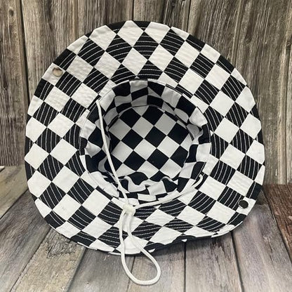 Funny Sun Hat for Men Women Wide Brim Bucket Hat Hiking Boonie Hat Summer Beach Fishing Caps - color: Black White Checkered