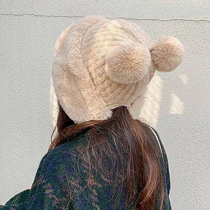 Winter Pompom Beanie Hats Women Knit Womens Beanie Faux Fur Crochet Skull Cap Warm Bucket Outdoor Ear Cover - color: Beige