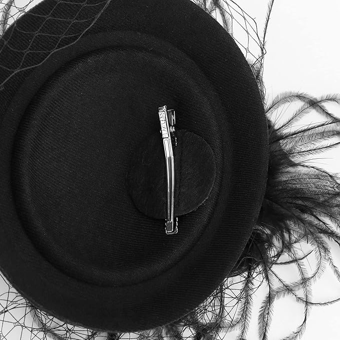 Fascinator Hats for Women Tea Party Veil Feather Fancy Pillbox Hat 20s 50s - color: Navy