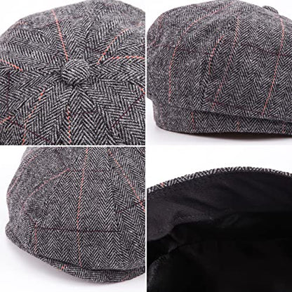 LADYBRO 8 Panel Newsboy Hats for Men Cap Irish Wool Blend Tweed, Adjustable - color: 003 Plaid Grey, size: 6 7/8-7 1/4
