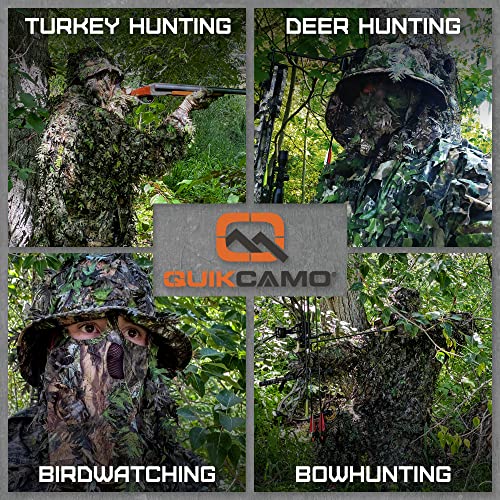 QuikCamo Men’s 3D Leafy Camo Bucket Hat with Built-in Face Mask for Turkey Hunting - Adjustable Size - color: Realtree Xtra Green Camo