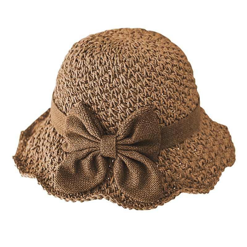 Women Wide Brim Floppy Straw Hats Beach Sun Hat Summer Cap with Bowknot UV Hat Sunhats Cloche Hat Strap Adjustable - color: Khaki
