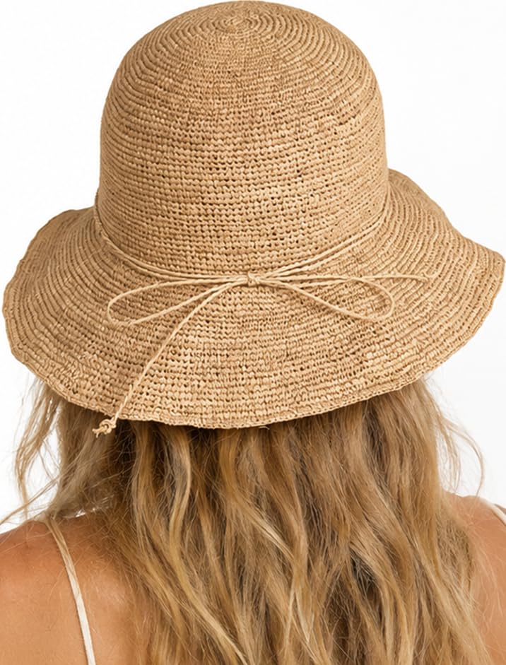 Natural Raffia Straw Bucket Hat for Women Sun Beach Handmade Raffia Woven Bucket Hat Foldable Summer Cap - color: Natural Raffia Blow(brim3.9")