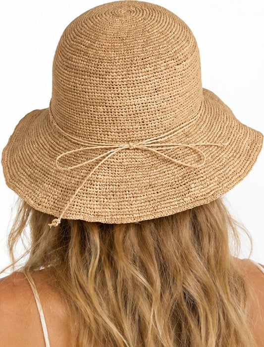 Natural Raffia Straw Bucket Hat for Women Sun Beach Handmade Raffia Woven Bucket Hat Foldable Summer Cap - color: Natural Raffia Blow(brim3.9")