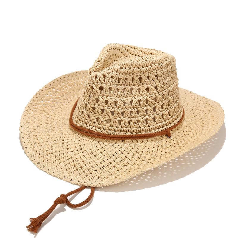 Men's Floppy Packable Straw Hat Beach Cap Newsboy Fedora Sun Hat, Big Brim, Adjustable Chin Strap - color: Beige-a