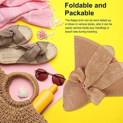 DRESHOW Beach Hats for Women Big Straw Wide Brim Summer Hat Floppy Foldable Roll up Cap Sun Hat UPF 50+ - color: Khaki /Normal Edge