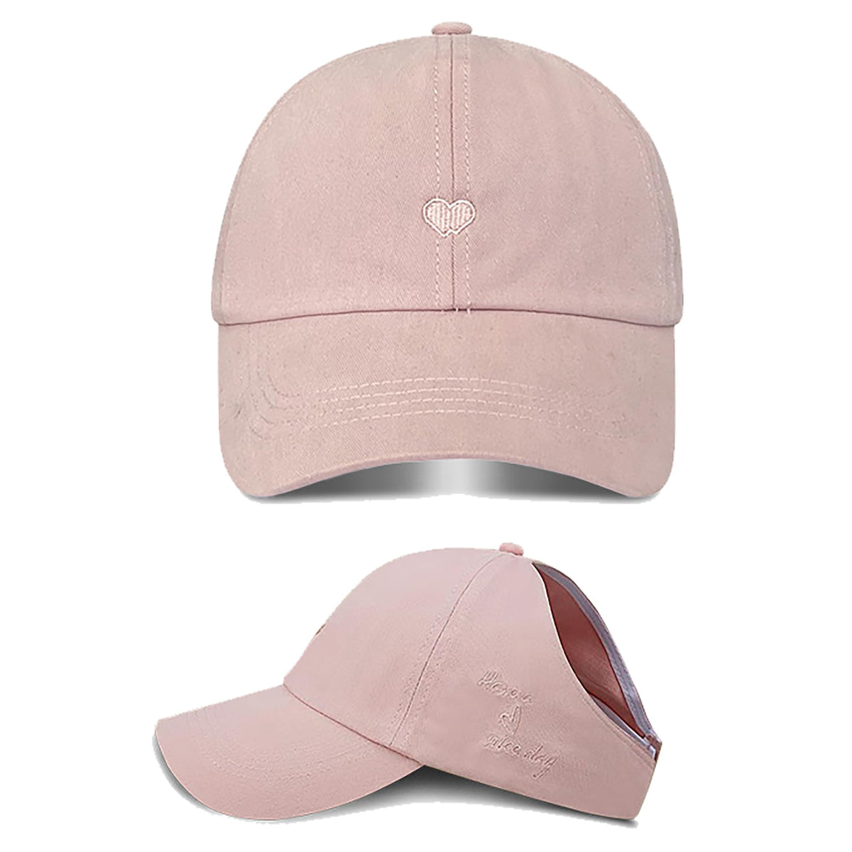 Sun Visor for Women High Ponytail Sun Hats Sports Running Heart Embroidered Veelcro Golf Beach Cap - color: Pink