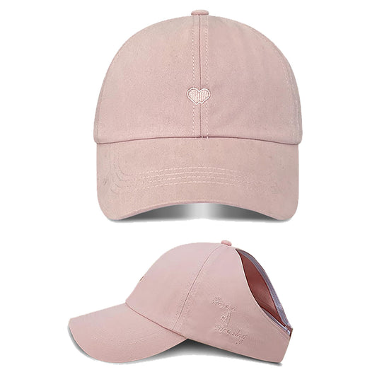 Sun Visor for Women High Ponytail Sun Hats Sports Running Heart Embroidered Veelcro Golf Beach Cap - color: Pink