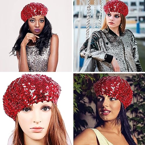 JUMISEE Sparkly Sequin Berets for Women Girls Fashion Beanie Hat Costume Accessories for Festival Party Dance - color: Red