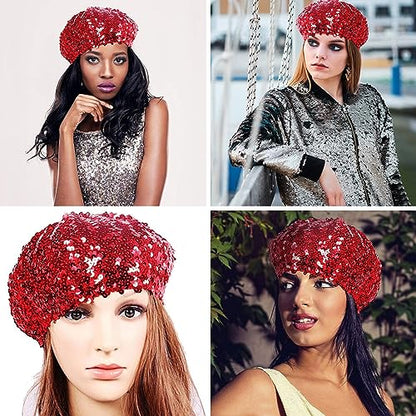 JUMISEE Sparkly Sequin Berets for Women Girls Fashion Beanie Hat Costume Accessories for Festival Party Dance - color: Red