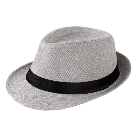 Sun Fedoras Hats for Men Women Trilby Panama Jazz Beach Hat Summer UPF50+ Vintage Short Brim Anti-UV Cap with Band - color: Grey