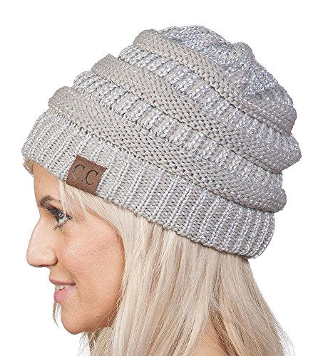 C.C Trendy Warm Chunky Soft Stretch Cable Knit Beanie Skully - color: Metallic Silver