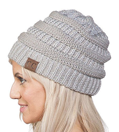 C.C Trendy Warm Chunky Soft Stretch Cable Knit Beanie Skully - color: Metallic Silver