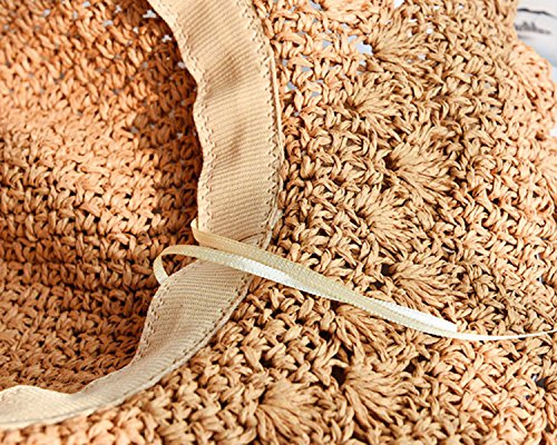 Summer Beach Sun Straw Hats for Women Wide Brim Packable Travel Bucket Hats UPF 50+ - color: Light Brown