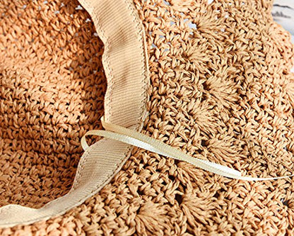 Summer Beach Sun Straw Hats for Women Wide Brim Packable Travel Bucket Hats UPF 50+ - color: Light Brown
