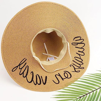 DRESHOW Big Straw Sun Hats for Women Floppy Foldable Roll up Beach Cap Sun Hat UPF 50+ Vacation Honeymoon Embroidered Hat - color: Ae Always on Vacay: Khakiv