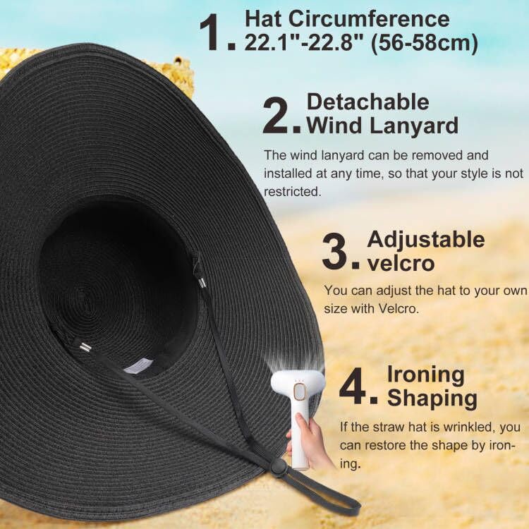 DRESHOW Big Straw Sun Hats for Women Floppy Foldable Roll up Beach Cap Sun Hat UPF 50+ Vacation Honeymoon Embroidered Hat - color: Aca Wire: Black