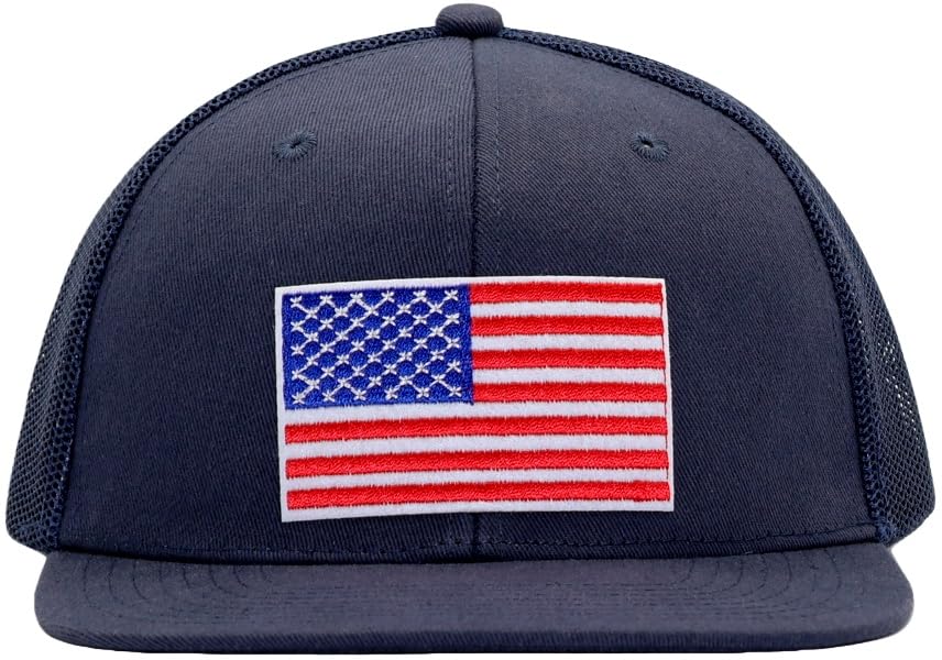Men Flat Bill USA Flag Mesh Hat Fits OSFM&XXL Head | Snapback Trucker Cap | 250th US Anniversary Veterans Memorial Day Gifts - color: Navy, size: Medium-Large