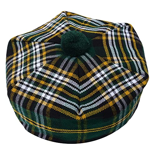 HAAUR Scottish Tammy Hat Traditional Kilt Tam o' Shatner Acrylic Wool Flat Bonnet Various Tartans with Pompom One Size - color: Heritage of Ireland