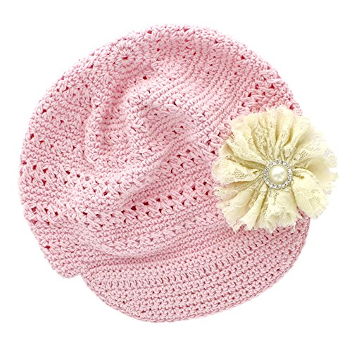 My Lello Little Girl's Newsboy Crochet Beanie Hat with Vintage Lace/Tulle Flower - color: Light Pink/Ivory, size: One Size