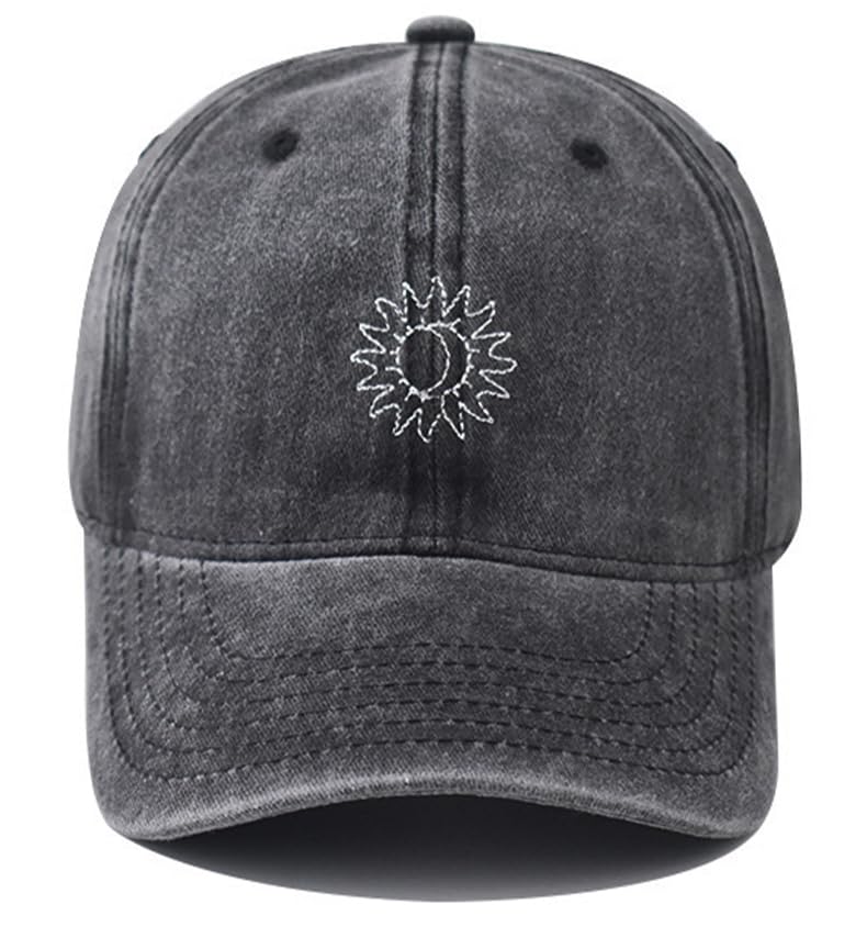 Plam Trees Hats Embroidered Washed Cotton Baseball Cap for Men Women Distressed Black Snapback Baseball Hat Adjustable - color: Sun