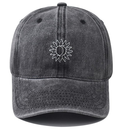 Plam Trees Hats Embroidered Washed Cotton Baseball Cap for Men Women Distressed Black Snapback Baseball Hat Adjustable - color: Sun